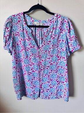 LOFT Fuchsia Floral Short Sleeve V-Neck Blouse
